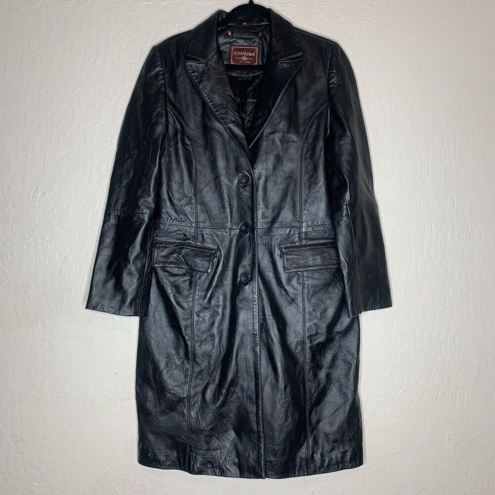 Vintage Tomahawk Black Leather Coat mens size 42